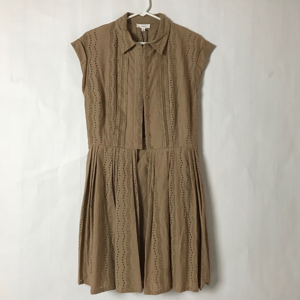 Embroidered Eyelet Front Button Mini Dress in Khaki - Picture 3 of 9